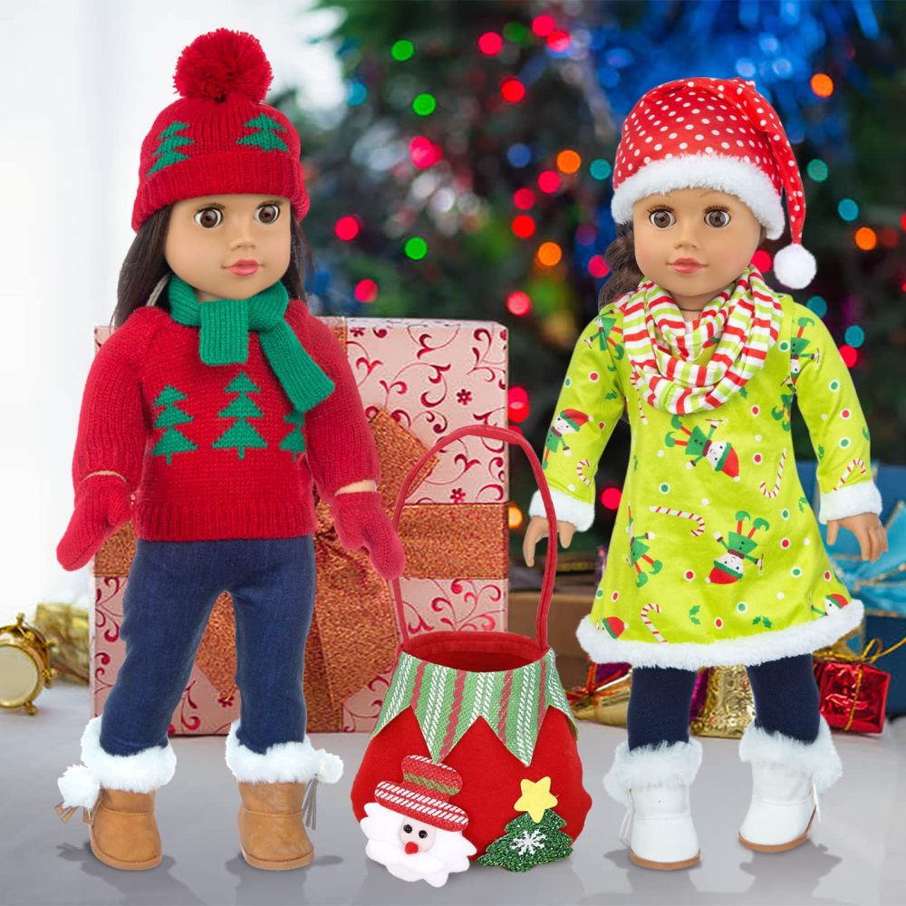 2 Sets Christmas Doll Clothes and Accessories Fit 18 Inch Girl Doll Christmas Santa Costume Including Christmas Dress, Sweater, Hairpin, Hat, Scarf, Boots, etc