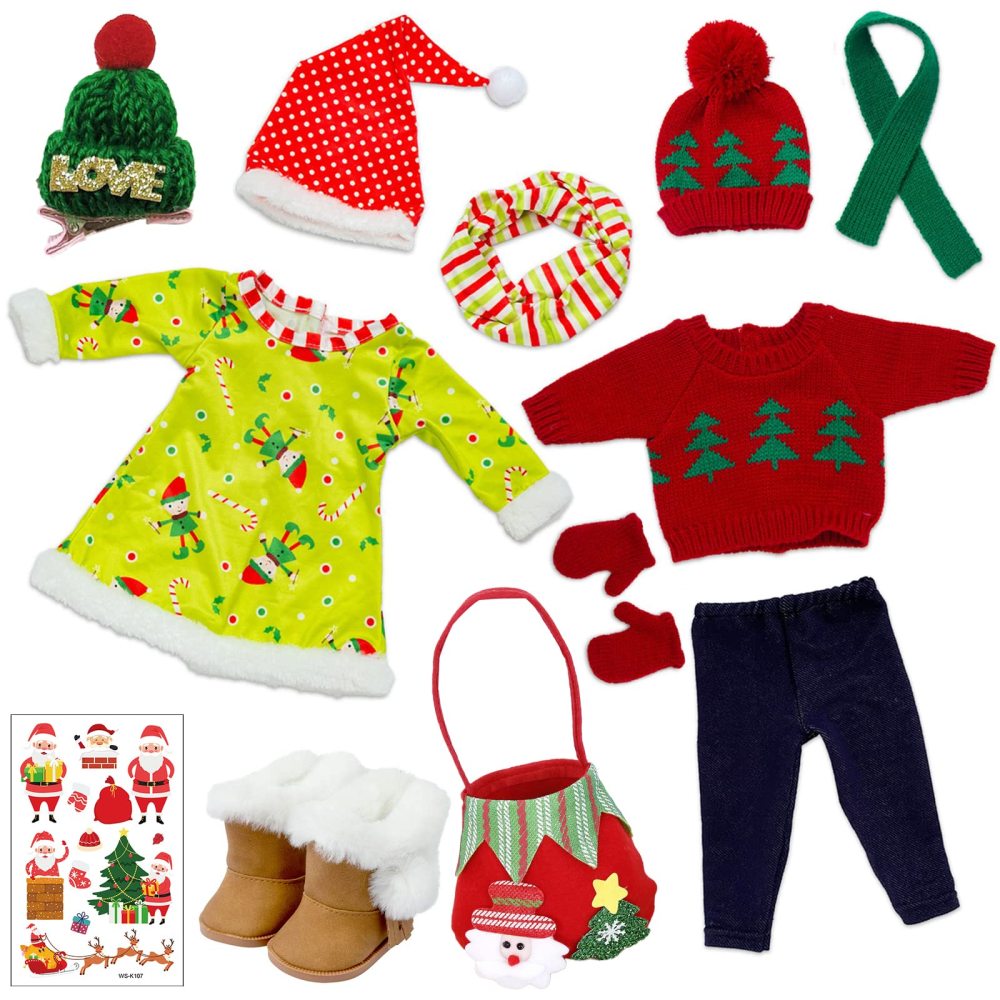 2 Sets Christmas Doll Clothes and Accessories Fit 18 Inch Girl Doll Christmas Santa Costume Including Christmas Dress, Sweater, Hairpin, Hat, Scarf, Boots, etc