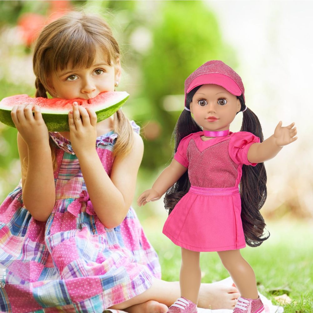 American 18 Inch Doll Clothes and Accessories Makeup Sets, Fashionable Dress for 18 Inch Girl Dolls, Cosmetic Bag Including Eye Shadow, Mascara, Comb, Shoes, Hat (Doll No Included)