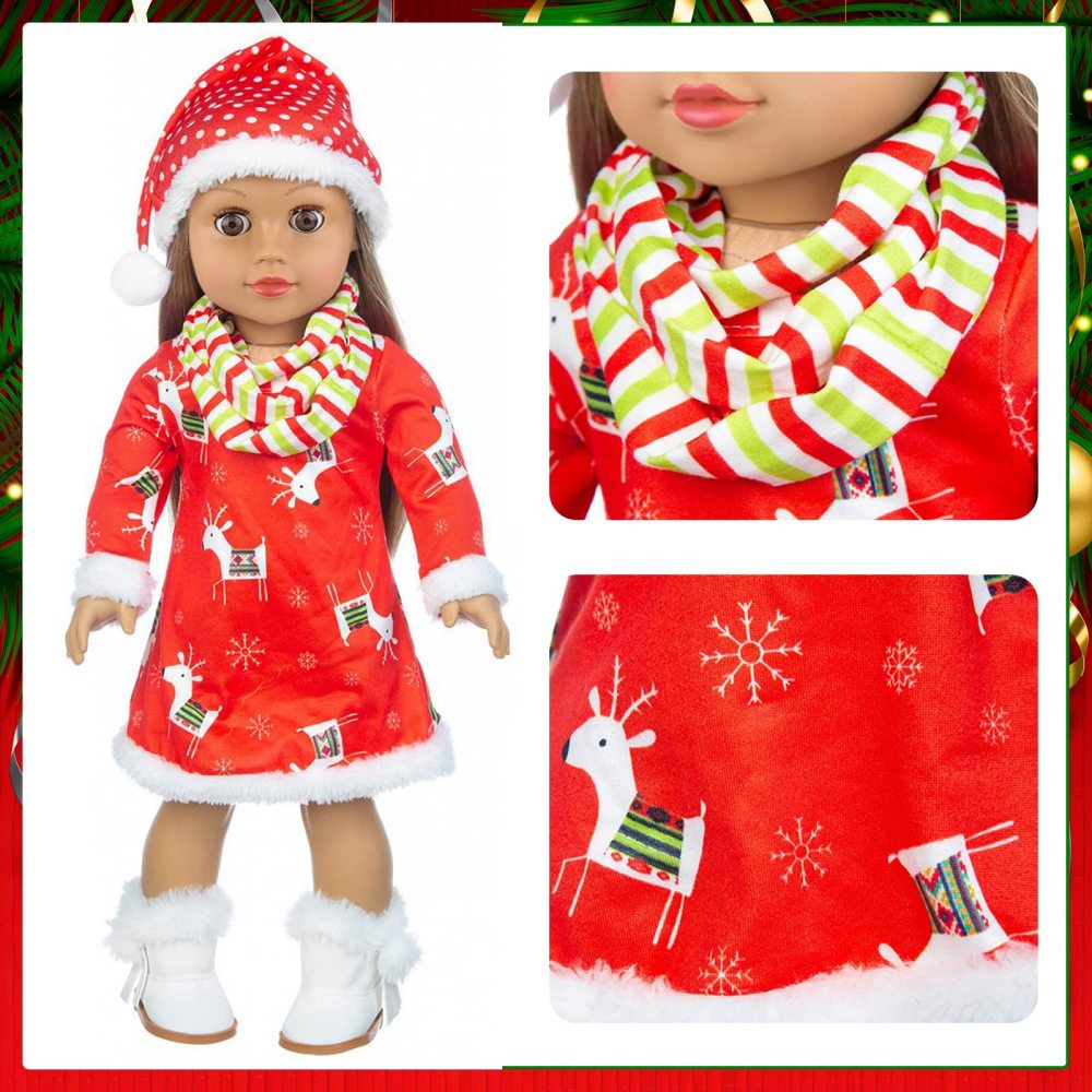 8 PCS 18 Inch Girl Doll Christmas Clothes and Accessories Set Including 3 Set Christmas Clothes and Dress Headband Boots Head Clip Bag Best Gift for Your Child