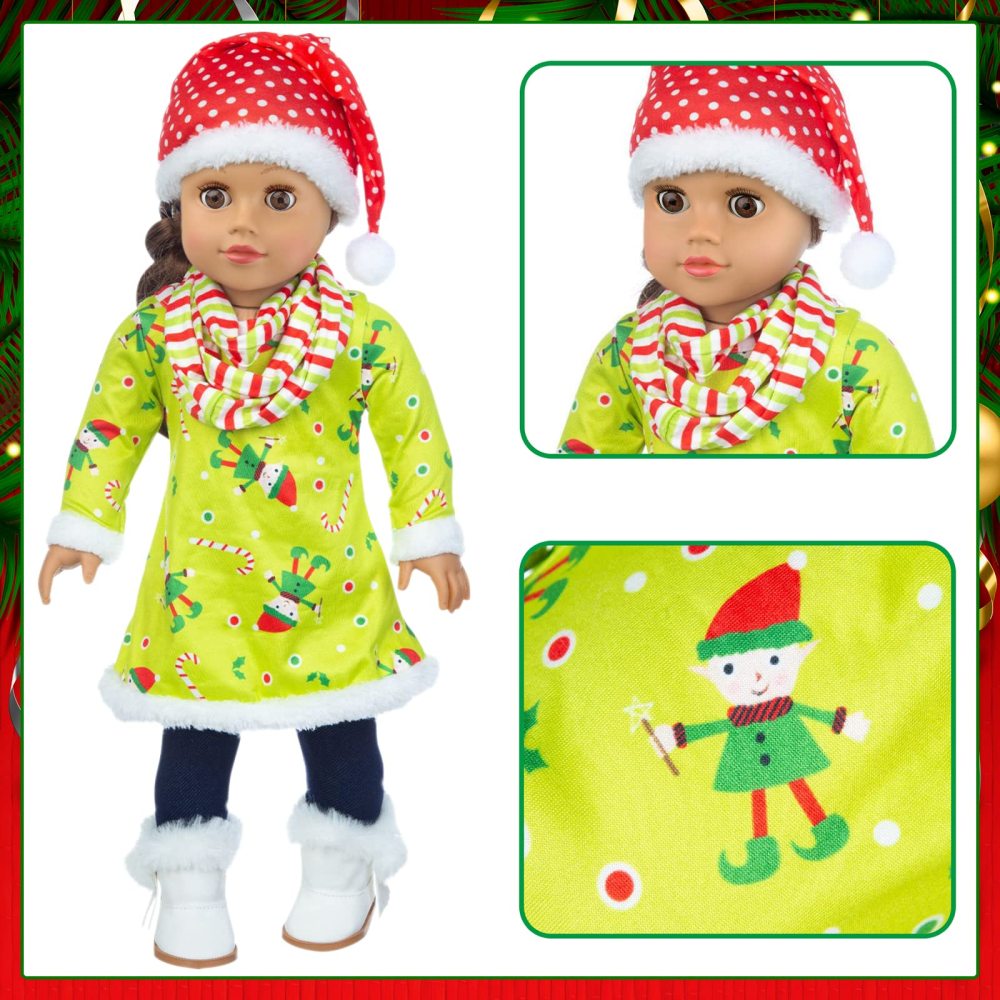 2 Sets Christmas Doll Clothes and Accessories Fit 18 Inch Girl Doll Christmas Santa Costume Including Christmas Dress, Sweater, Hairpin, Hat, Scarf, Boots, etc