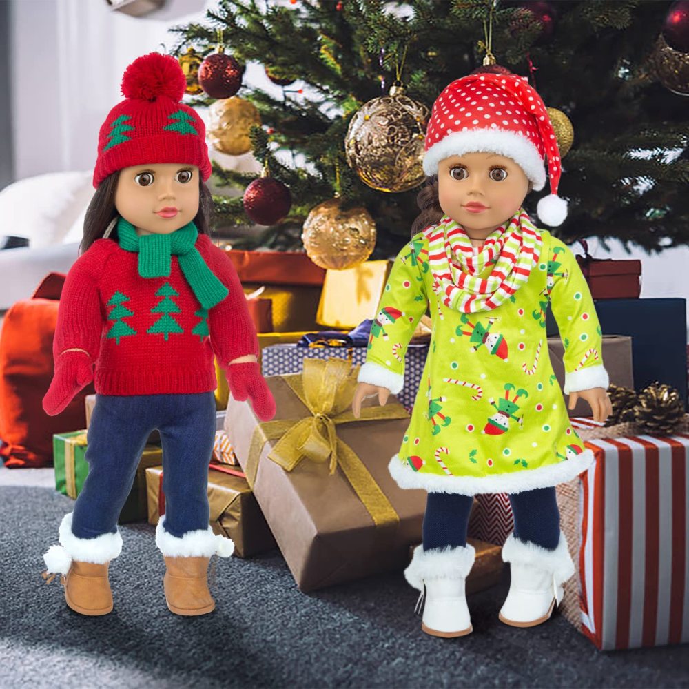 2 Sets Christmas Doll Clothes and Accessories Fit 18 Inch Girl Doll Christmas Santa Costume Including Christmas Dress, Sweater, Hairpin, Hat, Scarf, Boots, etc