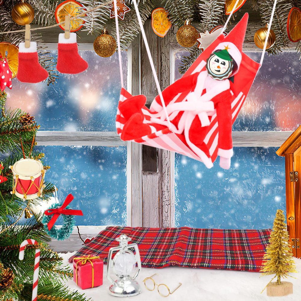 11 Pcs Christmas Elf Doll Clothes Accessories Set Include Cloak Glasses Pair of Socks Sleeping Bag Hanging Basket Drum Gift Box Lantern Cane Tree and Garland (Doll is not Included)