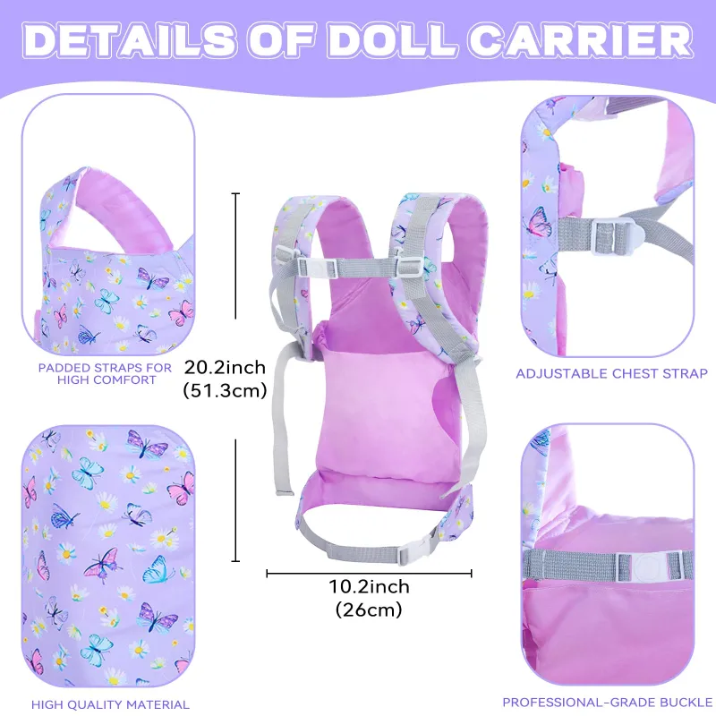 Baby Doll Carrier with Doll Accessories Doll Carrier for Kids, Reborn Doll Baby Carrier with Adjustable Straps for 16-22 Inch Baby Doll with Accessories