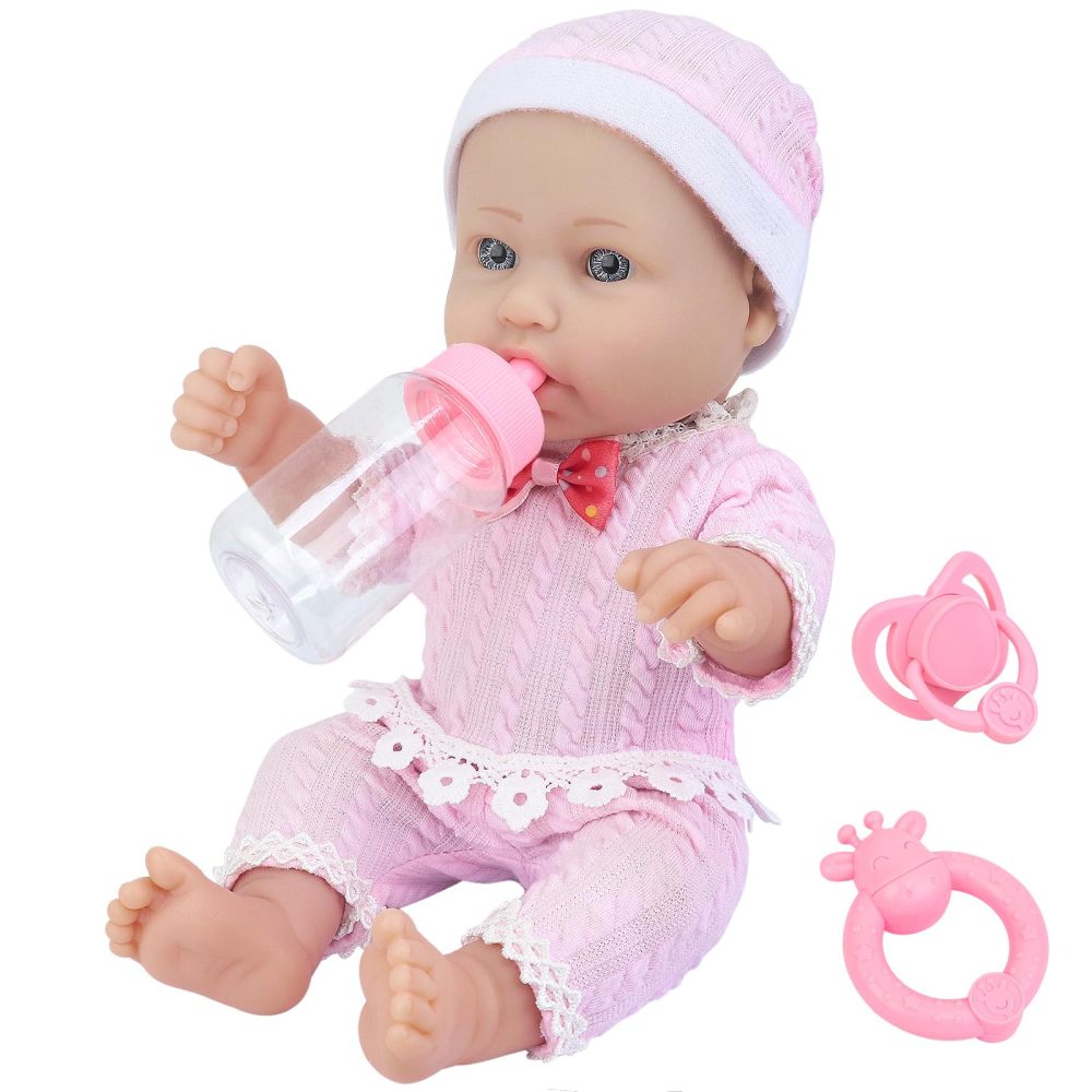 12 Inch Vinyl Baby Doll Playset with Washable Doll Accessories Includes Bottle, Pacifier, Rattle and Pink Cute Pajamas, First Baby Doll for Toddlers 36 + Months