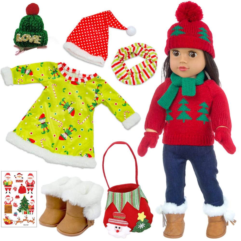2 Sets Christmas Doll Clothes and Accessories Fit 18 Inch Girl Doll Christmas Santa Costume Including Christmas Dress, Sweater, Hairpin, Hat, Scarf, Boots, etc