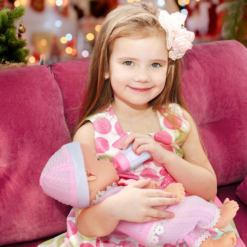 12 Inch Vinyl Baby Doll Playset with Washable Doll Accessories Includes Bottle, Pacifier, Rattle and Pink Cute Pajamas, First Baby Doll for Toddlers 36 + Months