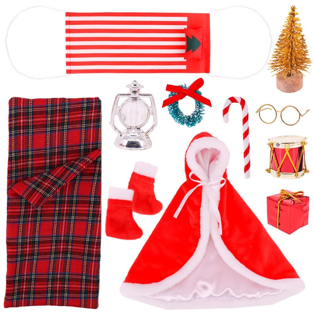 11 Pcs Christmas Elf Doll Clothes Accessories Set Include Cloak Glasses Pair of Socks Sleeping Bag Hanging Basket Drum Gift Box Lantern Cane Tree and Garland (Doll is not Included)