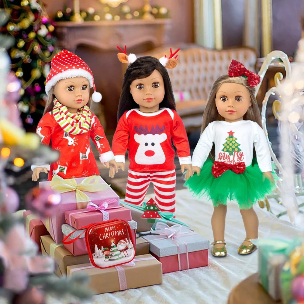 8 PCS 18 Inch Girl Doll Christmas Clothes and Accessories Set Including 3 Set Christmas Clothes and Dress Headband Boots Head Clip Bag Best Gift for Your Child