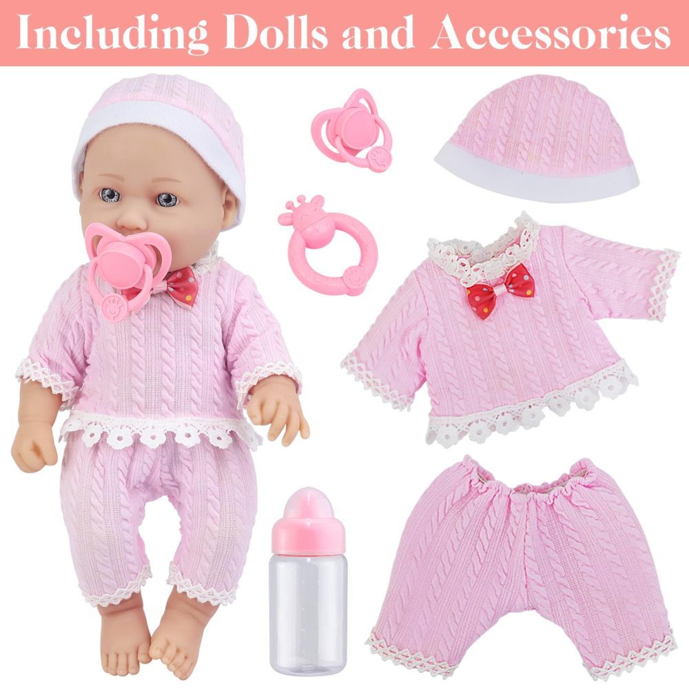 12 Inch Vinyl Baby Doll Playset with Washable Doll Accessories Includes Bottle, Pacifier, Rattle and Pink Cute Pajamas, First Baby Doll for Toddlers 36 + Months