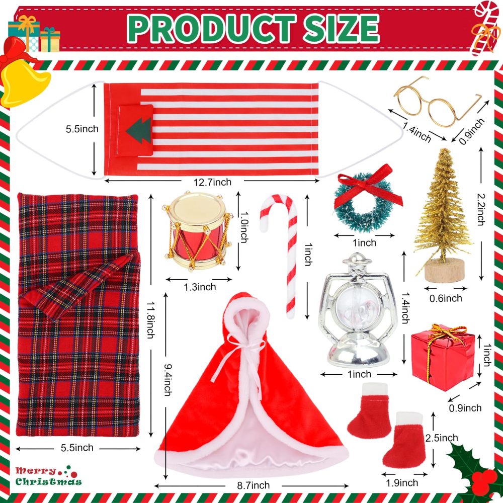 11 Pcs Christmas Elf Doll Clothes Accessories Set Include Cloak Glasses Pair of Socks Sleeping Bag Hanging Basket Drum Gift Box Lantern Cane Tree and Garland (Doll is not Included)