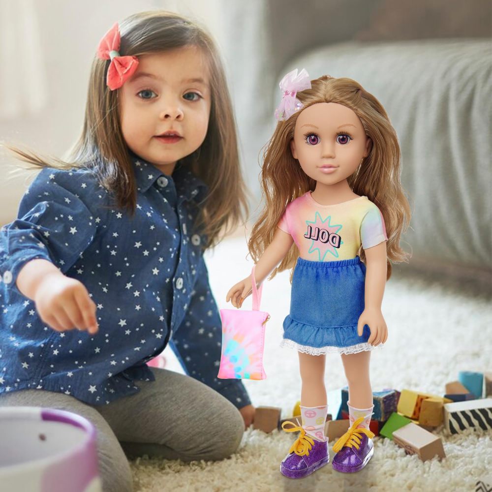 18 Inch Girl Doll Playset with Doll Clothes and Accessories Including 18 Inch Doll T-Shirt Denim Skirt shoes handbag Socks Bow Headwear for Little Girl