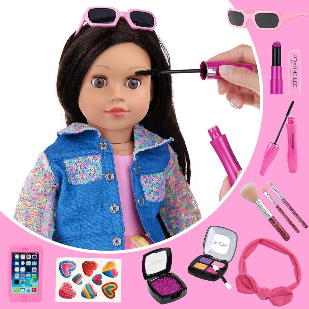 15 Pcs American 18 Inch Doll Makeup Accessories Set and Doll Clothes Includes Skirt, Backpack Carrier for 18 Inch Doll Makeup Doll Accessories for Girl (No Doll)