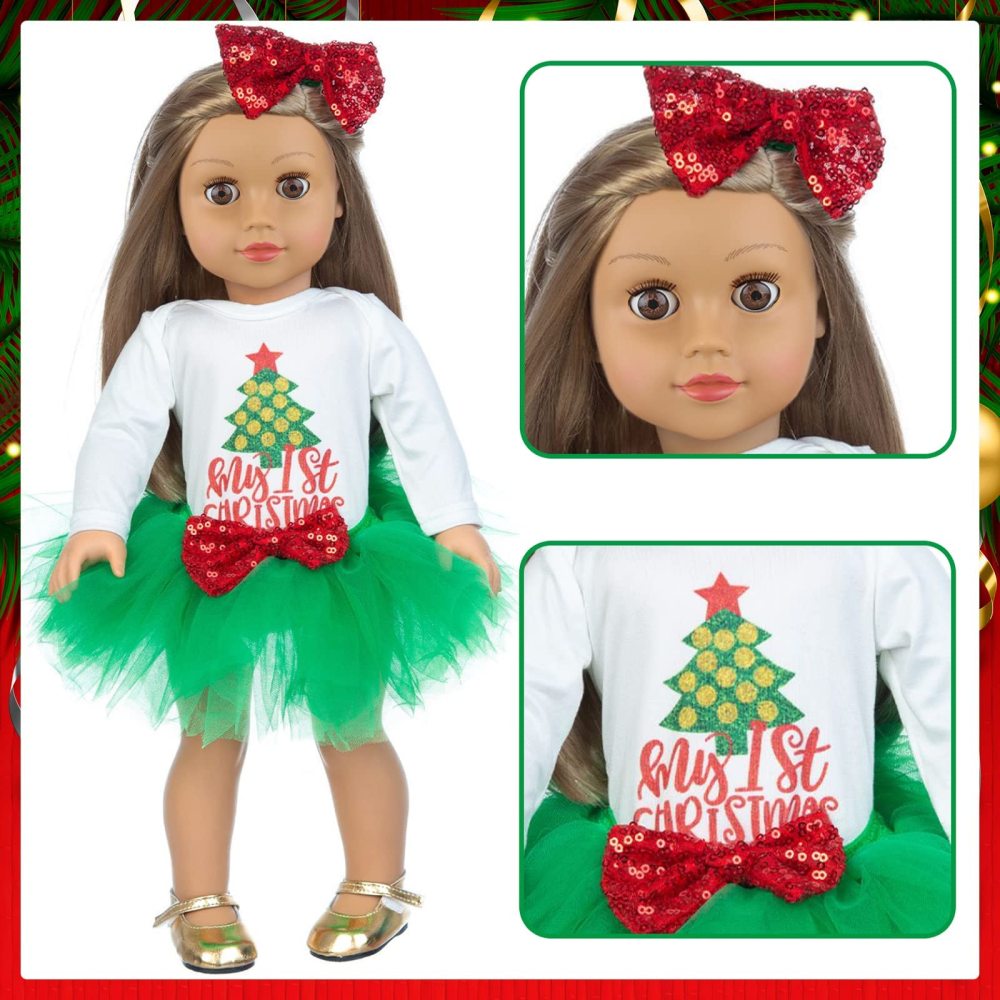 8 PCS 18 Inch Girl Doll Christmas Clothes and Accessories Set Including 3 Set Christmas Clothes and Dress Headband Boots Head Clip Bag Best Gift for Your Child