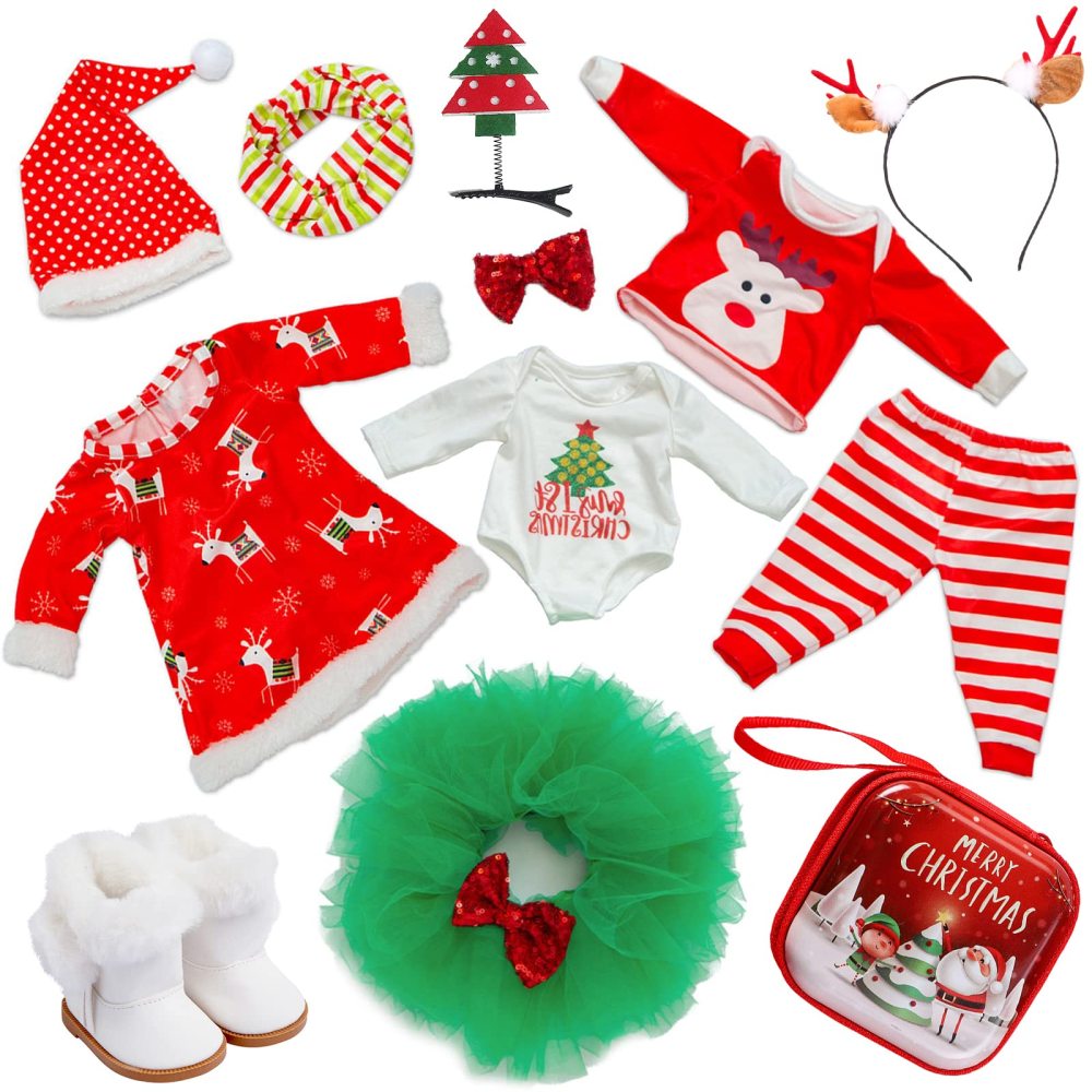 8 PCS 18 Inch Girl Doll Christmas Clothes and Accessories Set Including 3 Set Christmas Clothes and Dress Headband Boots Head Clip Bag Best Gift for Your Child
