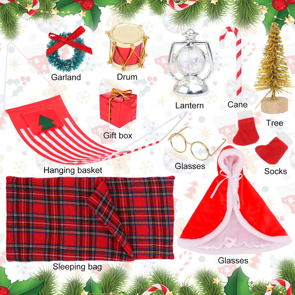 11 Pcs Christmas Elf Doll Clothes Accessories Set Include Cloak Glasses Pair of Socks Sleeping Bag Hanging Basket Drum Gift Box Lantern Cane Tree and Garland (Doll is not Included)