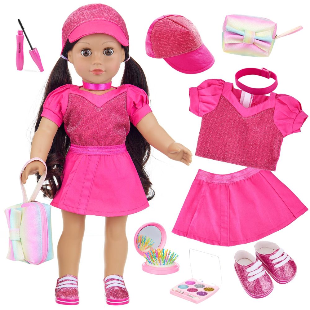 American 18 Inch Doll Clothes and Accessories Makeup Sets, Fashionable Dress for 18 Inch Girl Dolls, Cosmetic Bag Including Eye Shadow, Mascara, Comb, Shoes, Hat (Doll No Included)