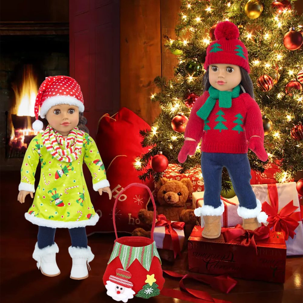 2 Sets Christmas Doll Clothes and Accessories Fit 18 Inch Girl Doll Christmas Santa Costume Including Christmas Dress, Sweater, Hairpin, Hat, Scarf, Boots, etc