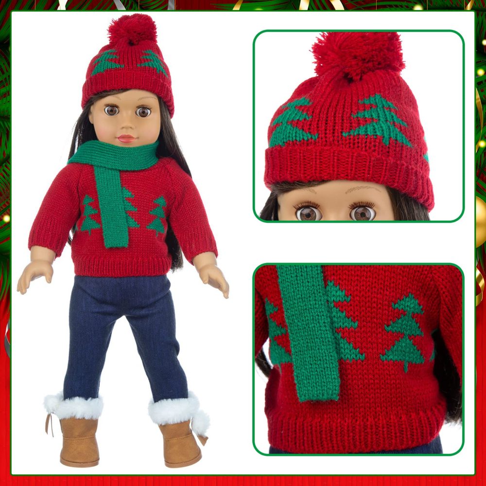 2 Sets Christmas Doll Clothes and Accessories Fit 18 Inch Girl Doll Christmas Santa Costume Including Christmas Dress, Sweater, Hairpin, Hat, Scarf, Boots, etc