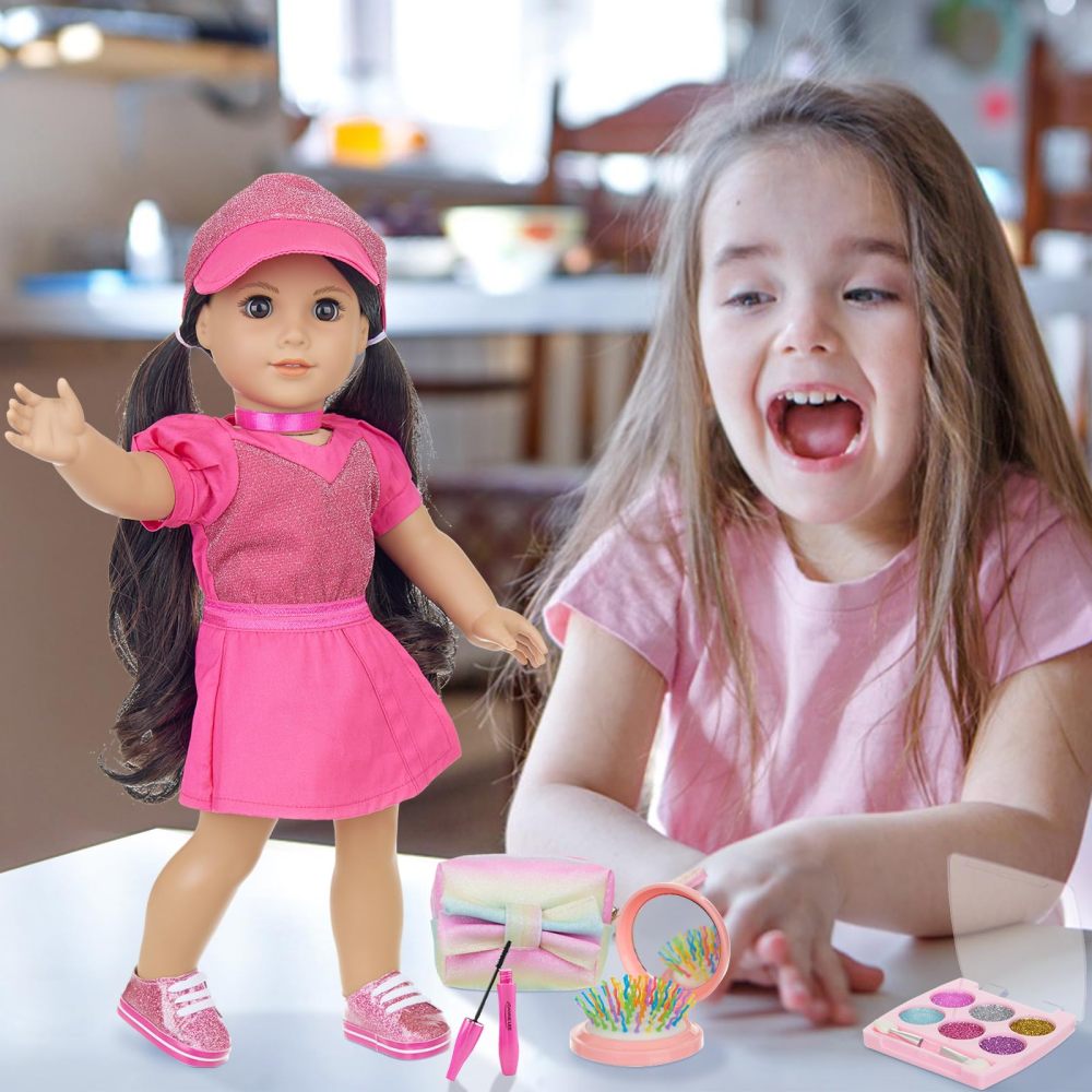 American 18 Inch Doll Clothes and Accessories Makeup Sets, Fashionable Dress for 18 Inch Girl Dolls, Cosmetic Bag Including Eye Shadow, Mascara, Comb, Shoes, Hat (Doll No Included)