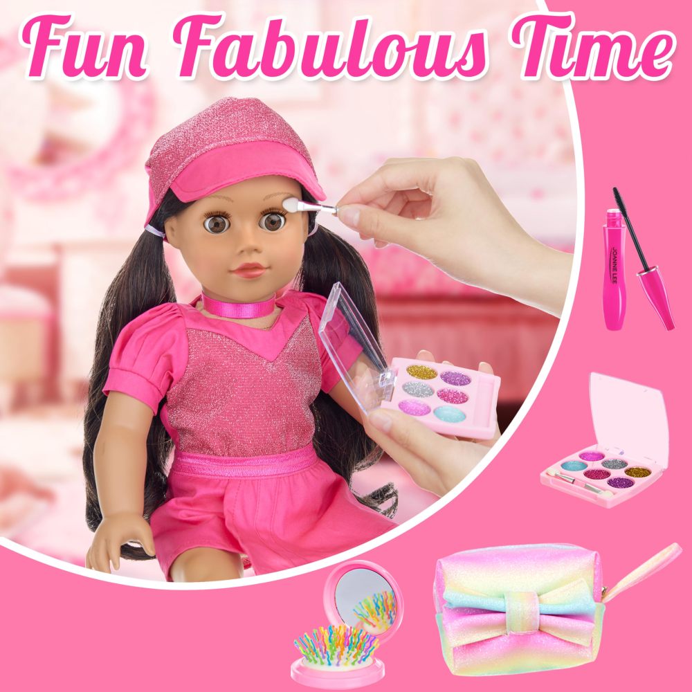 American 18 Inch Doll Clothes and Accessories Makeup Sets, Fashionable Dress for 18 Inch Girl Dolls, Cosmetic Bag Including Eye Shadow, Mascara, Comb, Shoes, Hat (Doll No Included)