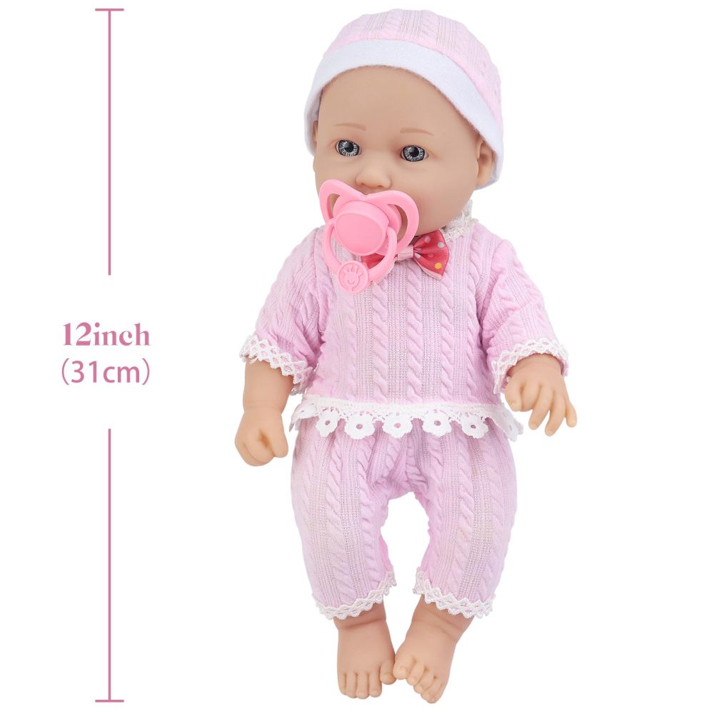 12 Inch Vinyl Baby Doll Playset with Washable Doll Accessories Includes Bottle, Pacifier, Rattle and Pink Cute Pajamas, First Baby Doll for Toddlers 36 + Months
