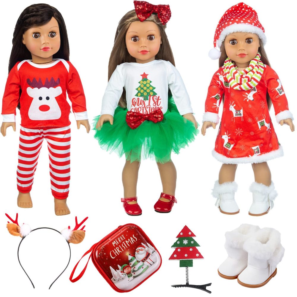 8 PCS 18 Inch Girl Doll Christmas Clothes and Accessories Set Including 3 Set Christmas Clothes and Dress Headband Boots Head Clip Bag Best Gift for Your Child