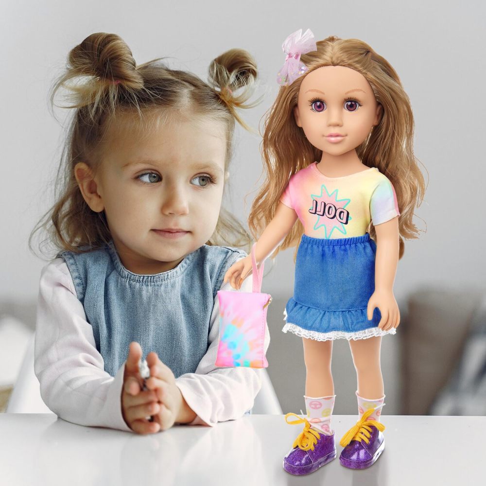 18 Inch Girl Doll Playset with Doll Clothes and Accessories Including 18 Inch Doll T-Shirt Denim Skirt shoes handbag Socks Bow Headwear for Little Girl