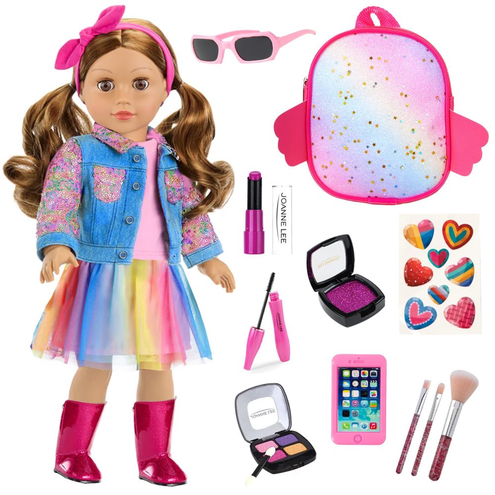 15 Pcs American 18 Inch Doll Makeup Accessories Set and Doll Clothes Includes Skirt, Backpack Carrier for 18 Inch Doll Makeup Doll Accessories for Girl (No Doll)