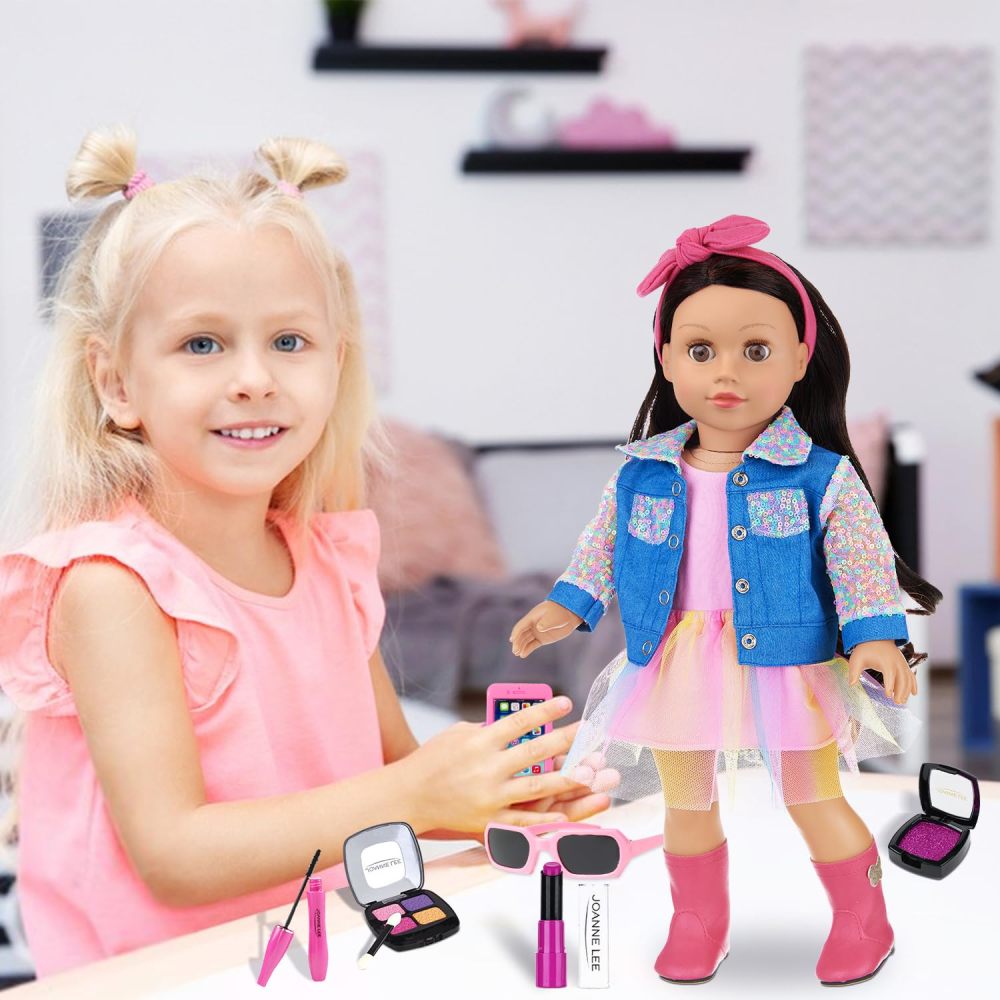 15 Pcs American 18 Inch Doll Makeup Accessories Set and Doll Clothes Includes Skirt, Backpack Carrier for 18 Inch Doll Makeup Doll Accessories for Girl (No Doll)