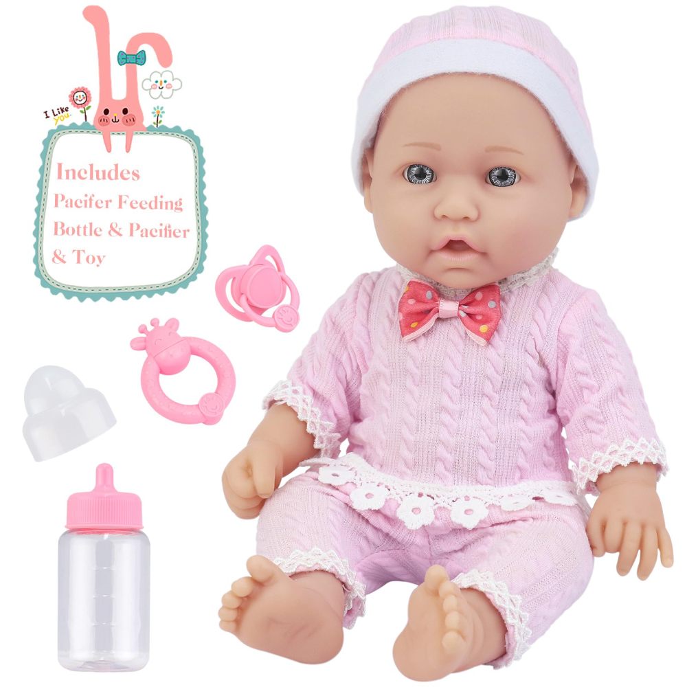 12 Inch Vinyl Baby Doll Playset with Washable Doll Accessories Includes Bottle, Pacifier, Rattle and Pink Cute Pajamas, First Baby Doll for Toddlers 36 + Months