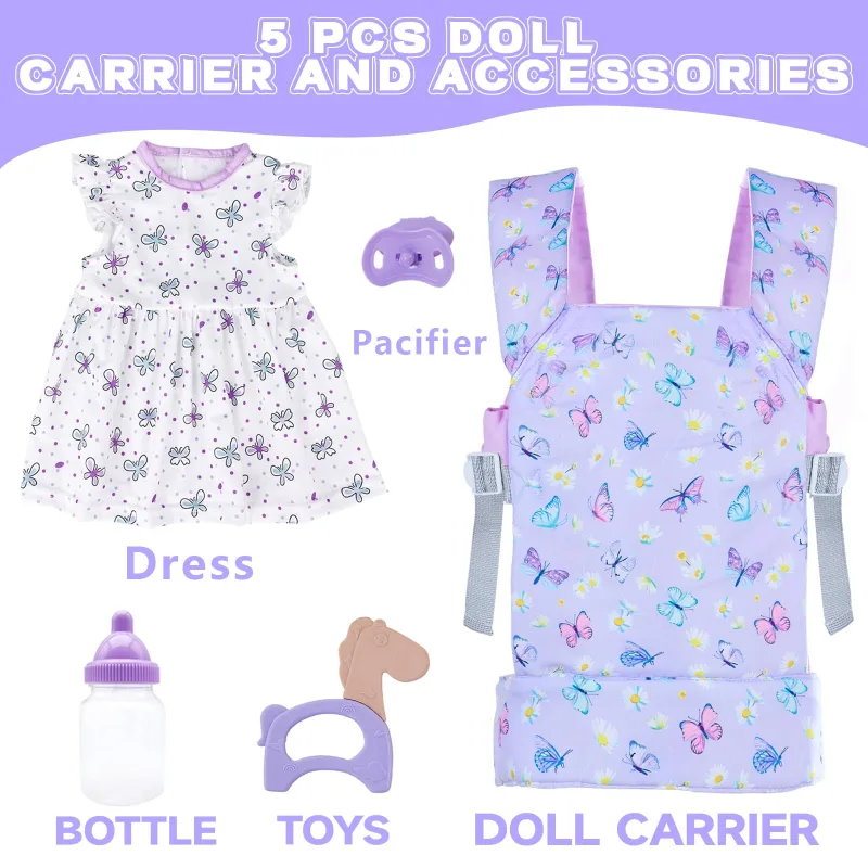 Baby Doll Carrier with Doll Accessories Doll Carrier for Kids, Reborn Doll Baby Carrier with Adjustable Straps for 16-22 Inch Baby Doll with Accessories
