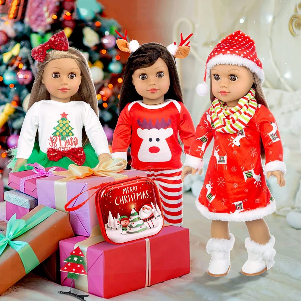 8 PCS 18 Inch Girl Doll Christmas Clothes and Accessories Set Including 3 Set Christmas Clothes and Dress Headband Boots Head Clip Bag Best Gift for Your Child
