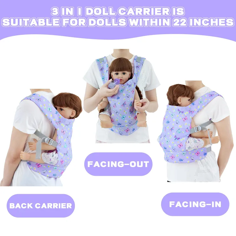 Baby Doll Carrier with Doll Accessories Doll Carrier for Kids, Reborn Doll Baby Carrier with Adjustable Straps for 16-22 Inch Baby Doll with Accessories