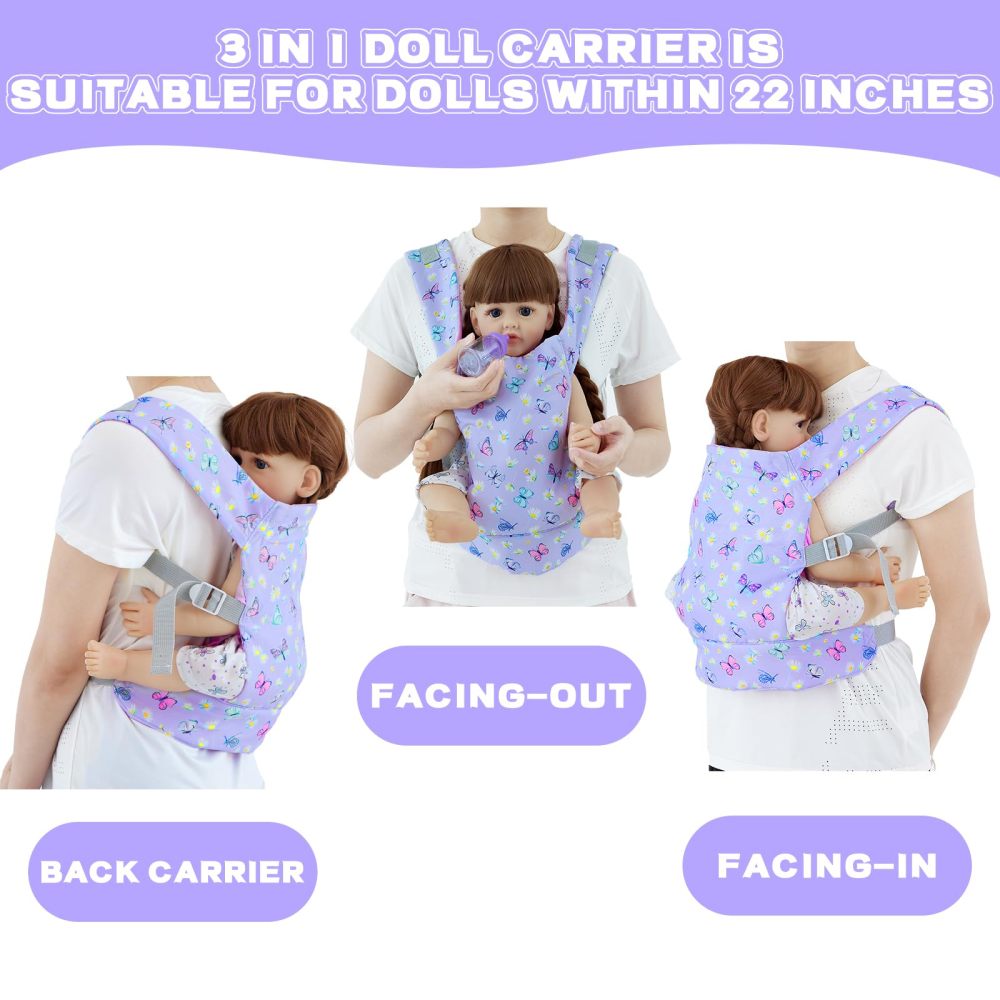 Baby Doll Carrier with Doll Accessories Doll Carrier for Kids, Reborn Doll Baby Carrier with Adjustable Straps for 16-22 Inch Baby Doll with Accessories
