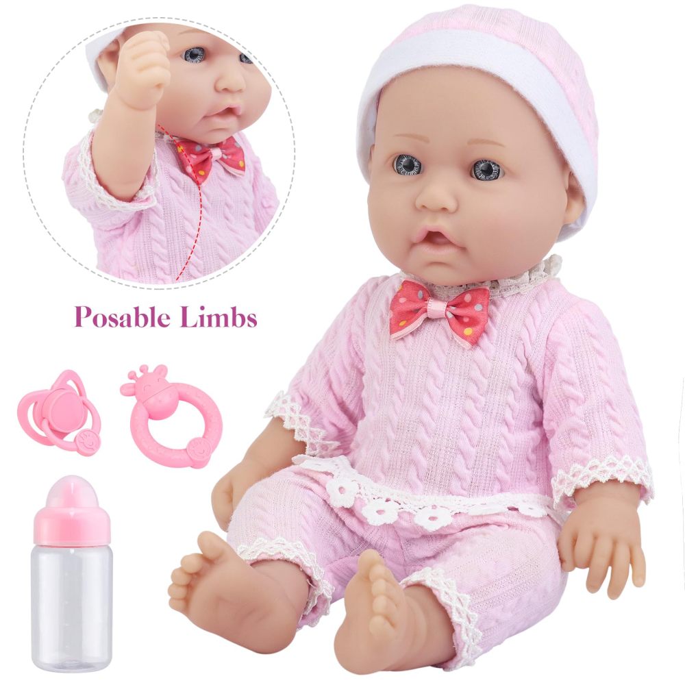 12 Inch Vinyl Baby Doll Playset with Washable Doll Accessories Includes Bottle, Pacifier, Rattle and Pink Cute Pajamas, First Baby Doll for Toddlers 36 + Months