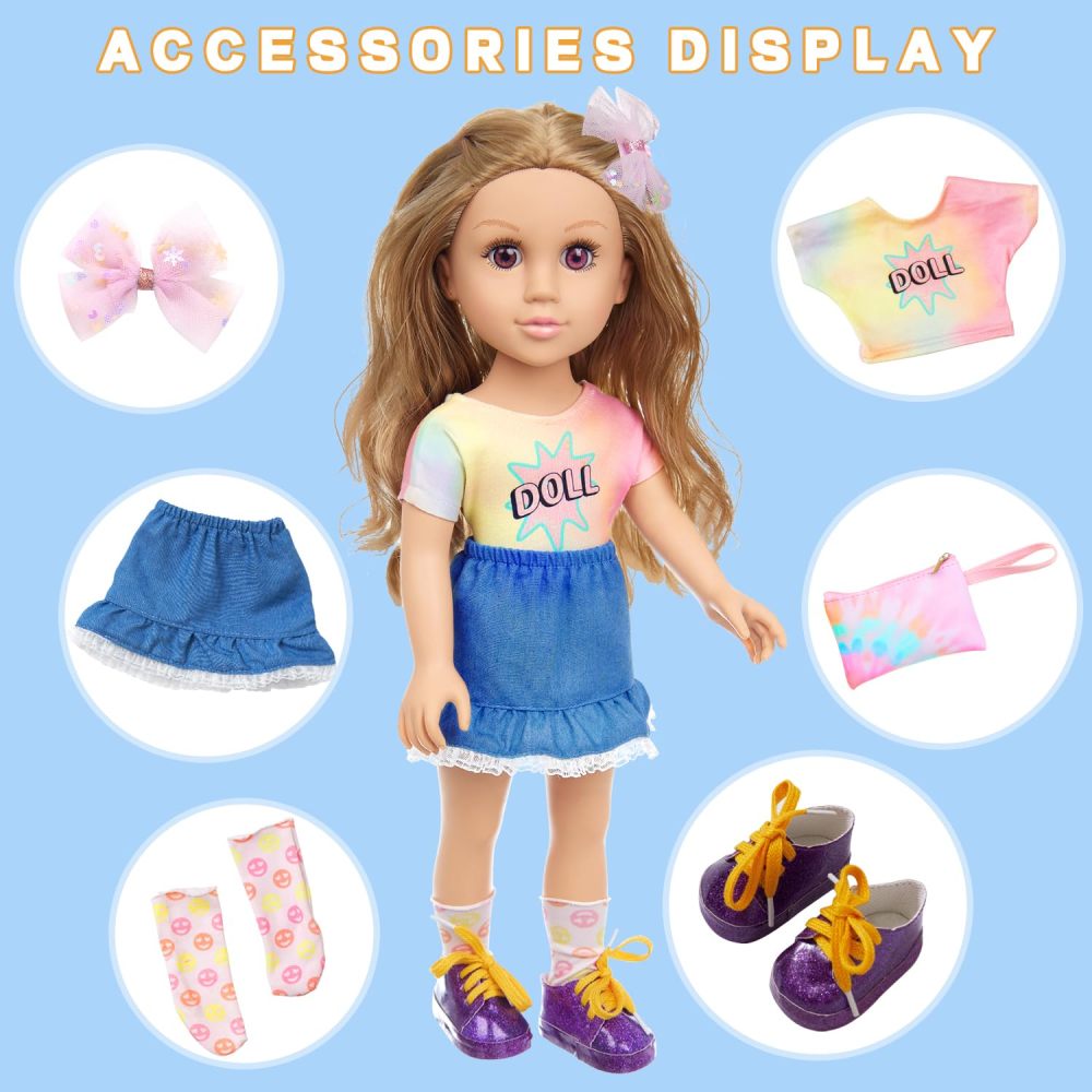 18 Inch Girl Doll Playset with Doll Clothes and Accessories Including 18 Inch Doll T-Shirt Denim Skirt shoes handbag Socks Bow Headwear for Little Girl