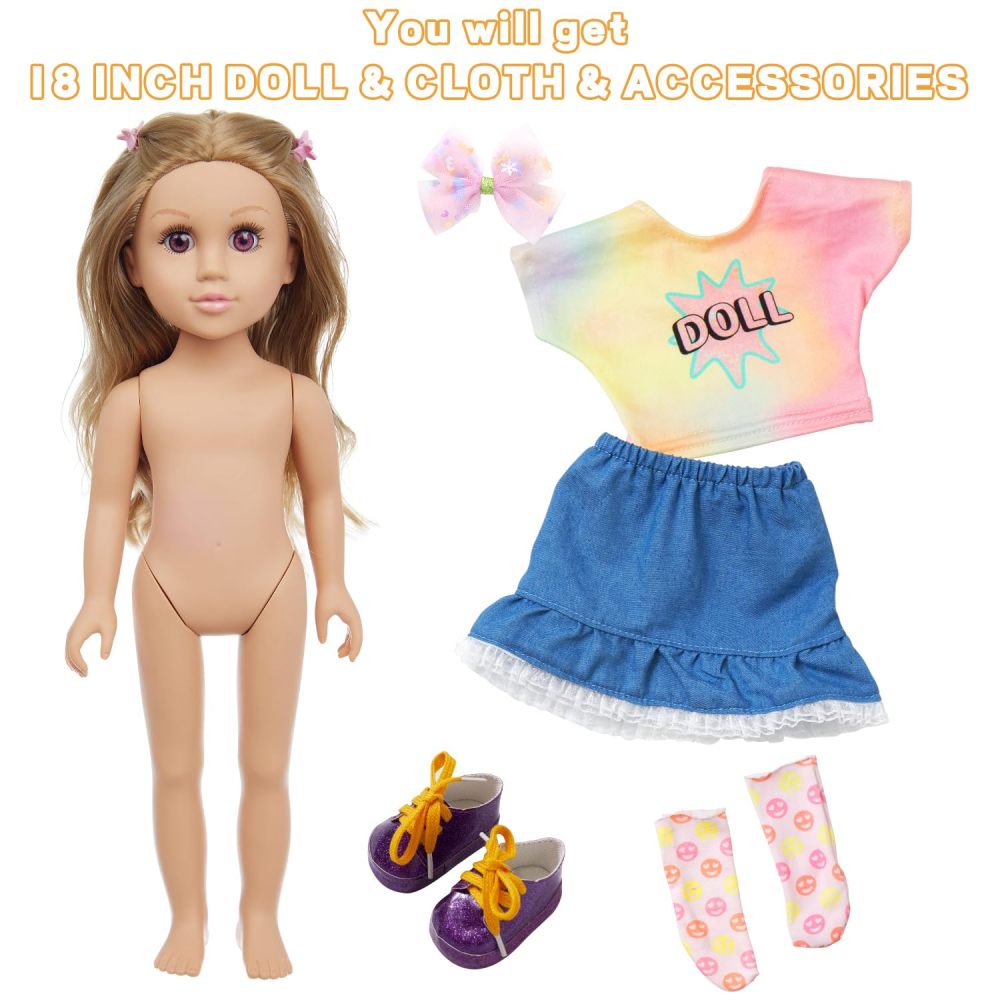 18 Inch Girl Doll Playset with Doll Clothes and Accessories Including 18 Inch Doll T-Shirt Denim Skirt shoes handbag Socks Bow Headwear for Little Girl