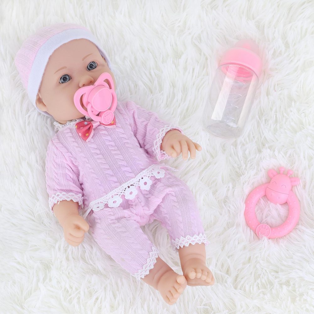12 Inch Vinyl Baby Doll Playset with Washable Doll Accessories Includes Bottle, Pacifier, Rattle and Pink Cute Pajamas, First Baby Doll for Toddlers 36 + Months