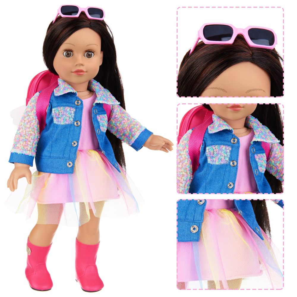 15 Pcs American 18 Inch Doll Makeup Accessories Set and Doll Clothes Includes Skirt, Backpack Carrier for 18 Inch Doll Makeup Doll Accessories for Girl (No Doll)