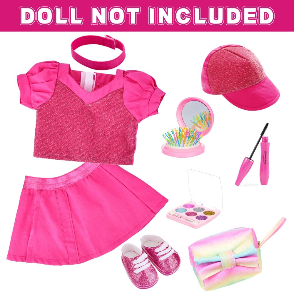 American 18 Inch Doll Clothes and Accessories Makeup Sets, Fashionable Dress for 18 Inch Girl Dolls, Cosmetic Bag Including Eye Shadow, Mascara, Comb, Shoes, Hat (Doll No Included)