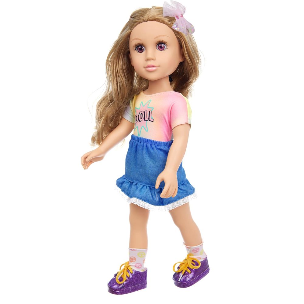18 Inch Girl Doll Playset with Doll Clothes and Accessories Including 18 Inch Doll T-Shirt Denim Skirt shoes handbag Socks Bow Headwear for Little Girl