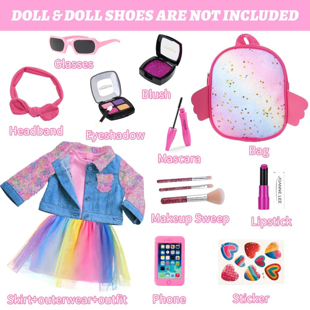 15 Pcs American 18 Inch Doll Makeup Accessories Set and Doll Clothes Includes Skirt, Backpack Carrier for 18 Inch Doll Makeup Doll Accessories for Girl (No Doll)