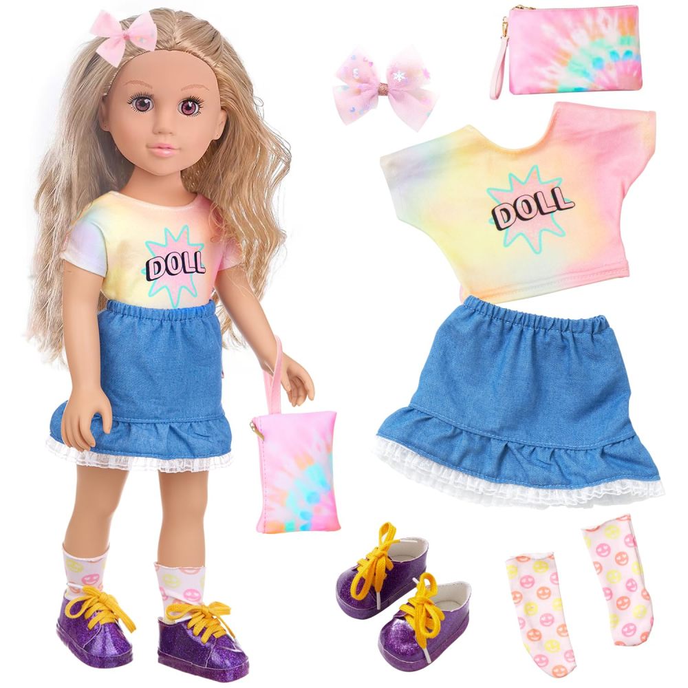 18 Inch Girl Doll Playset with Doll Clothes and Accessories Including 18 Inch Doll T-Shirt Denim Skirt shoes handbag Socks Bow Headwear for Little Girl