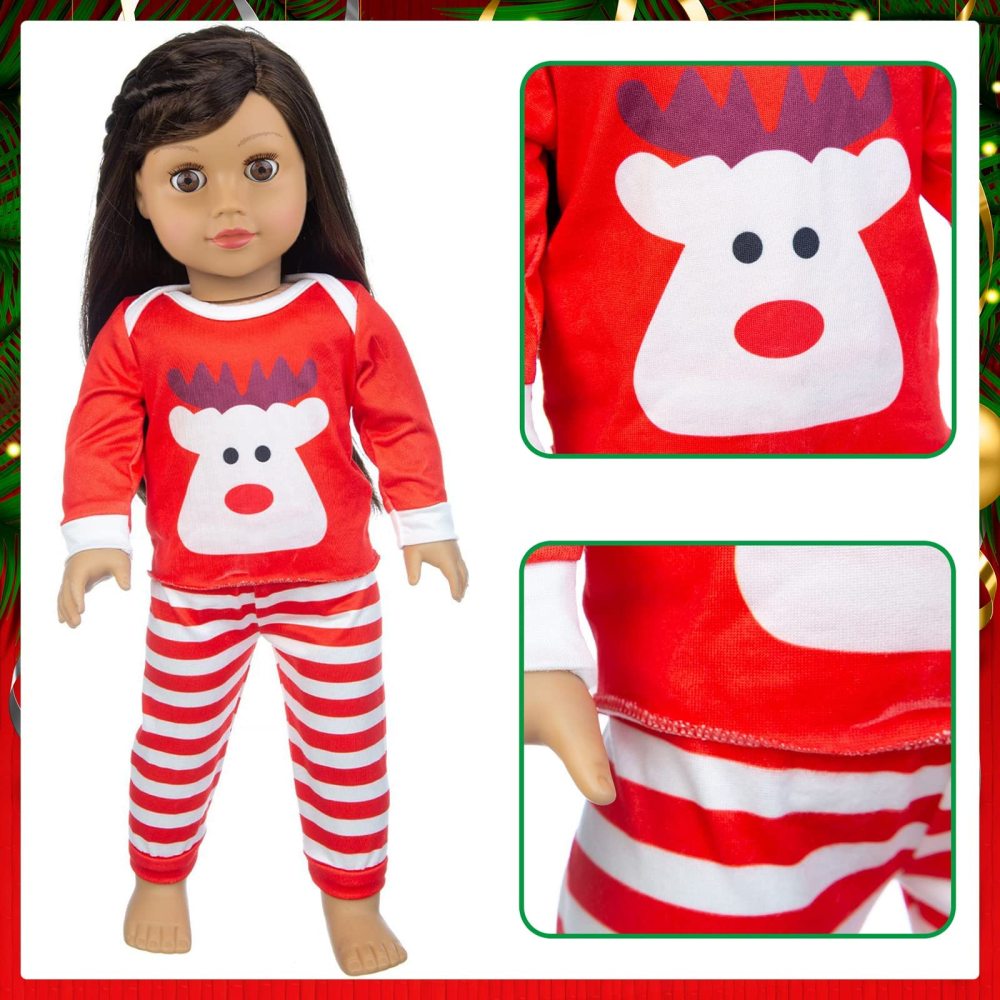 8 PCS 18 Inch Girl Doll Christmas Clothes and Accessories Set Including 3 Set Christmas Clothes and Dress Headband Boots Head Clip Bag Best Gift for Your Child