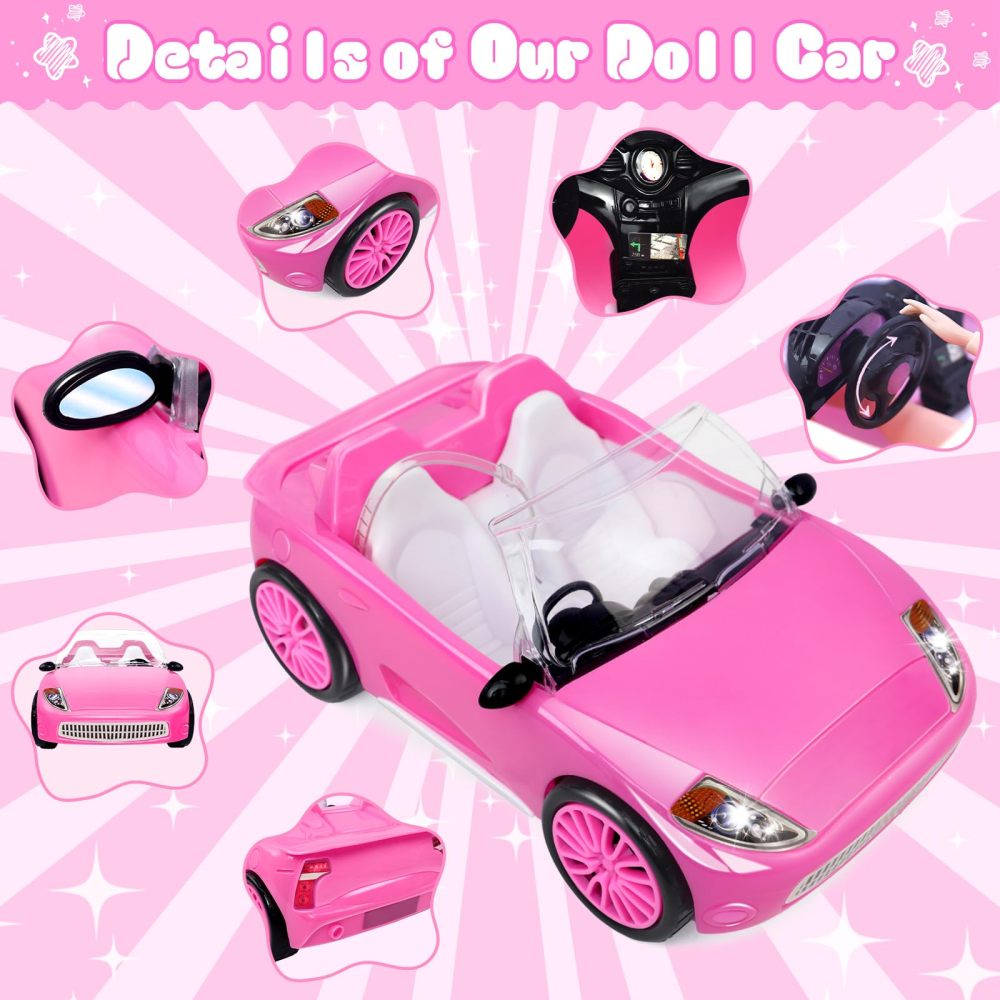 TDDS9 78 Pcs 11.5 Inch Doll Pink Convertible Car Playset, Dress up for Kids Including 11.5 in Girl Doll, Toy Car, 1 Fancy Dress, 3 Regular Dress, 1 Fashion Dress, 71 Accessories