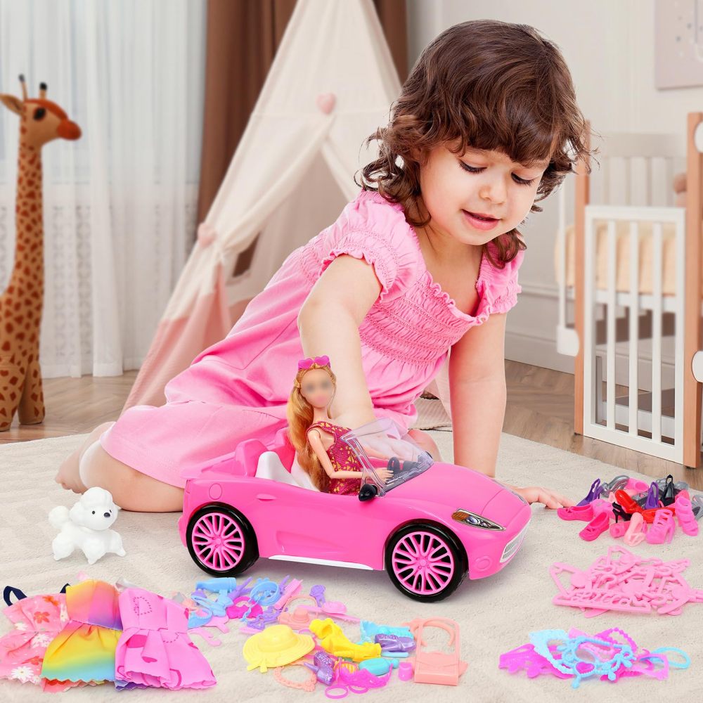 TDDS9 78 Pcs 11.5 Inch Doll Pink Convertible Car Playset, Dress up for Kids Including 11.5 in Girl Doll, Toy Car, 1 Fancy Dress, 3 Regular Dress, 1 Fashion Dress, 71 Accessories