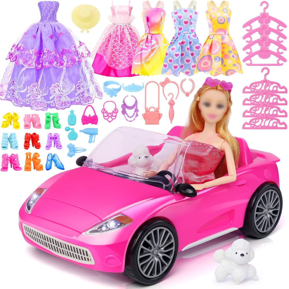 TDDS9 78 Pcs 11.5 Inch Doll Rose Convertible Toy Car Playset, Toys for Kids Including 11.5 In Girl Dolls, Toy Car, 1 Fancy Dress, 3 Regular Dress, 1 Fashion Dress, 71 Doll Accessories