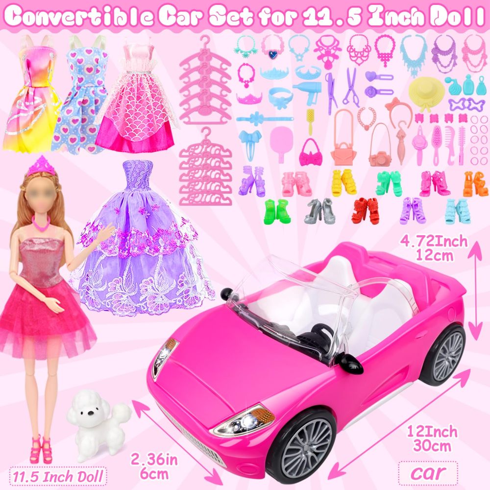 TDDS9 78 Pcs 11.5 Inch Doll Rose Convertible Toy Car Playset, Toys for Kids Including 11.5 In Girl Dolls, Toy Car, 1 Fancy Dress, 3 Regular Dress, 1 Fashion Dress, 71 Doll Accessories