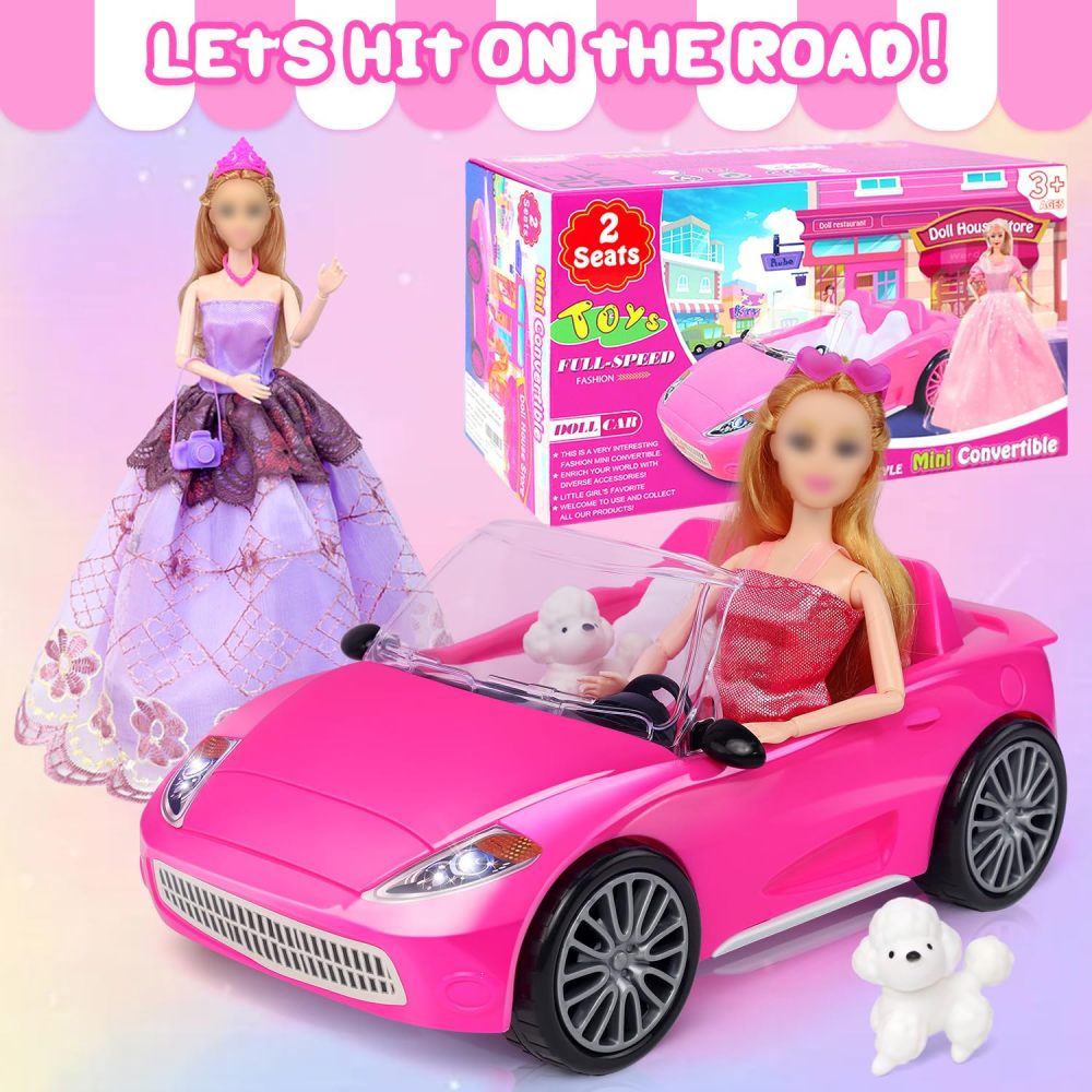 TDDS9 78 Pcs 11.5 Inch Doll Rose Convertible Toy Car Playset, Toys for Kids Including 11.5 In Girl Dolls, Toy Car, 1 Fancy Dress, 3 Regular Dress, 1 Fashion Dress, 71 Doll Accessories
